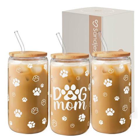 SANDJEST Dog Mom Cup 16oz glass for iced coffee, stylish and reusable.