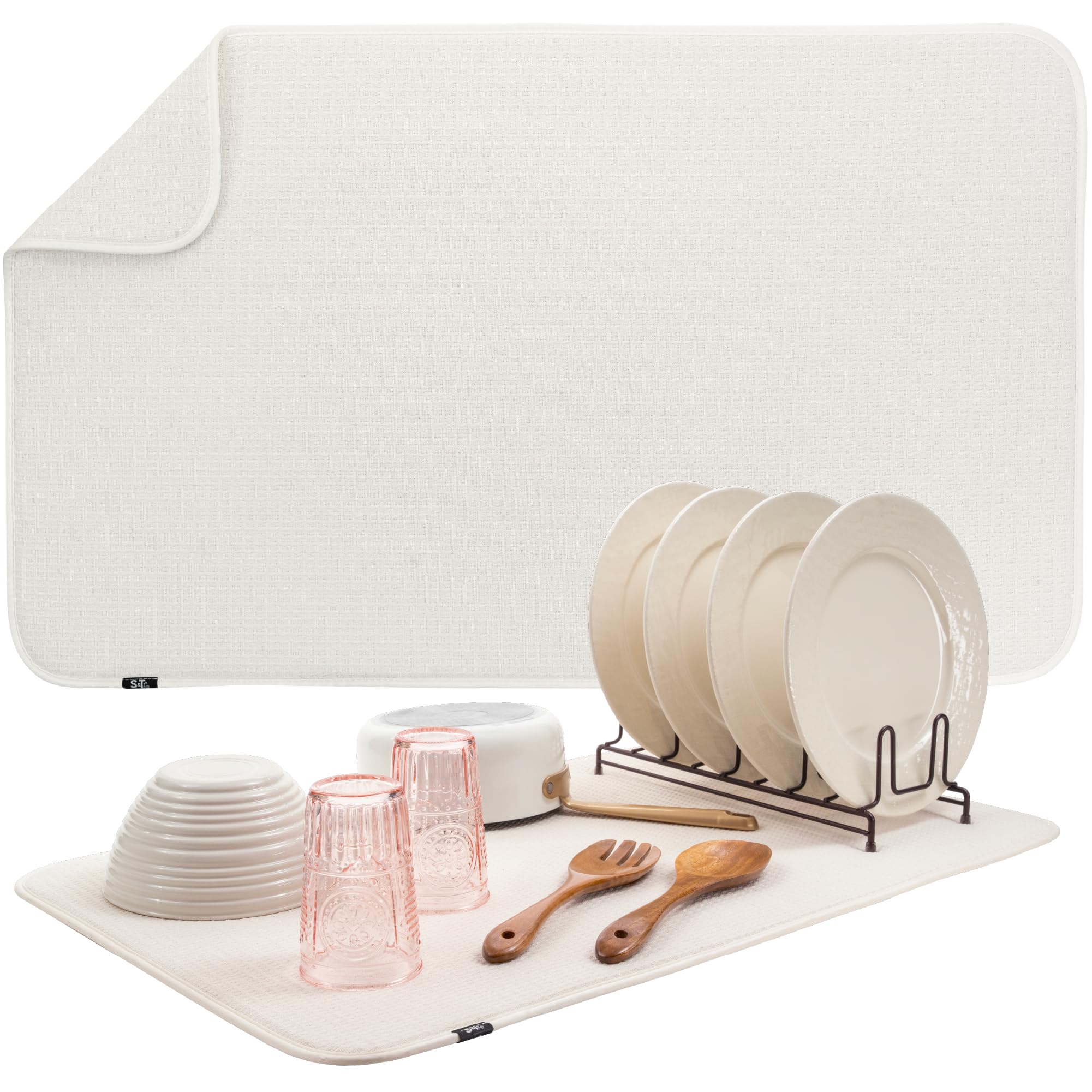 S&T INC. dish drying mat 18x30 cream on counter absorbs water for a dry workspace.