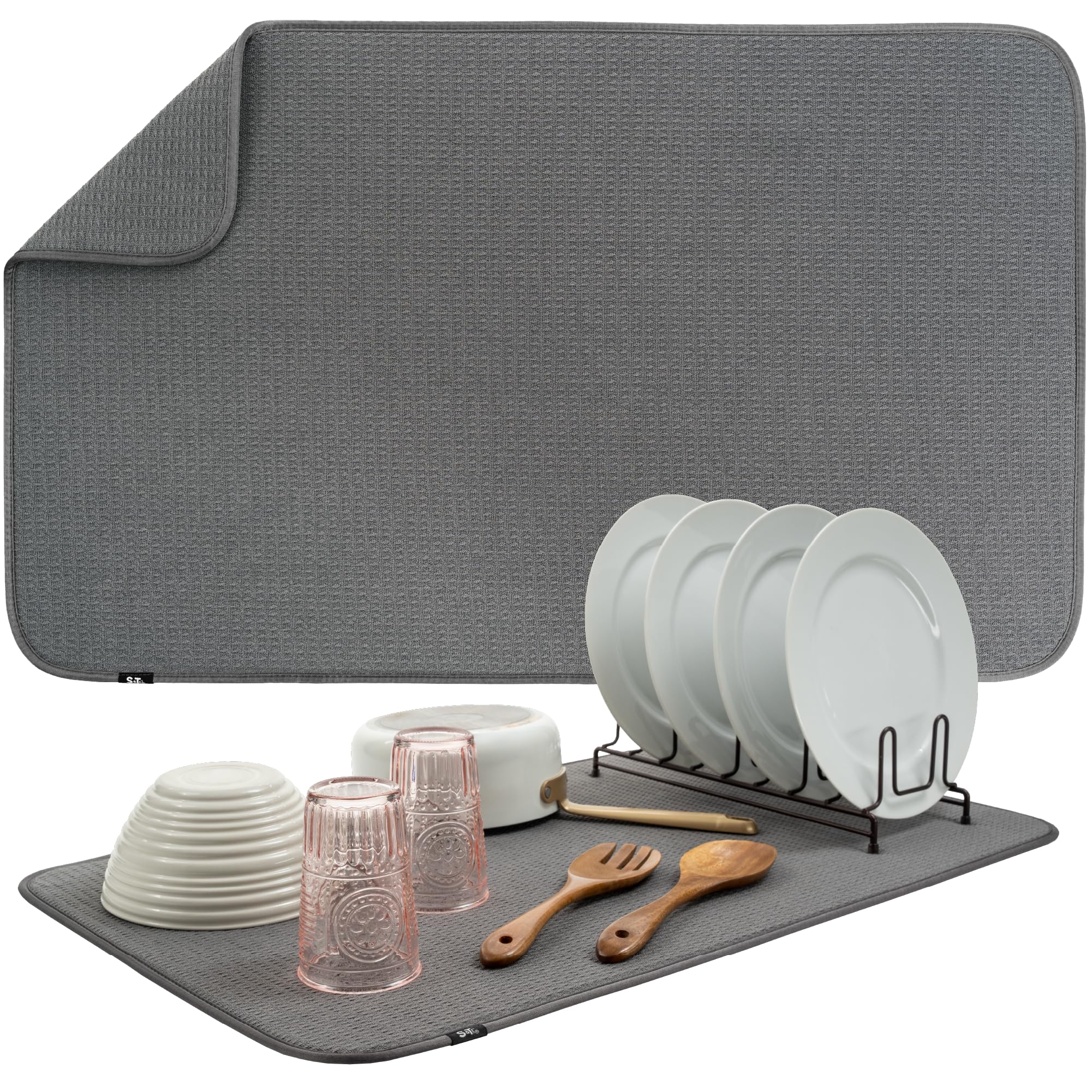 S&T INC jumbo dish drying mat in charcoal absorbs water quickly to keep counters dry