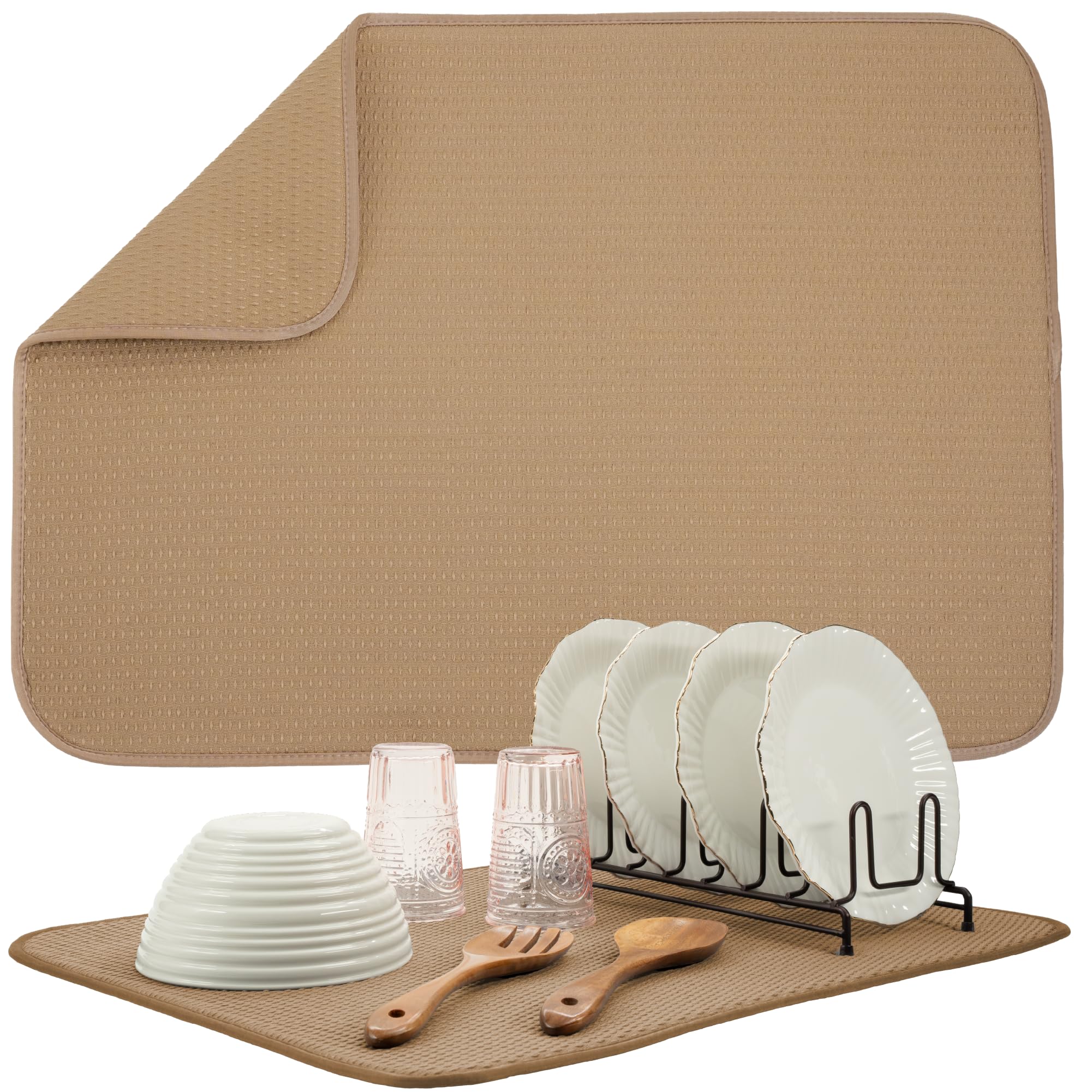 S&T INC. Dish Drying Mat XL in almond diamond texture dries dishes efficiently.