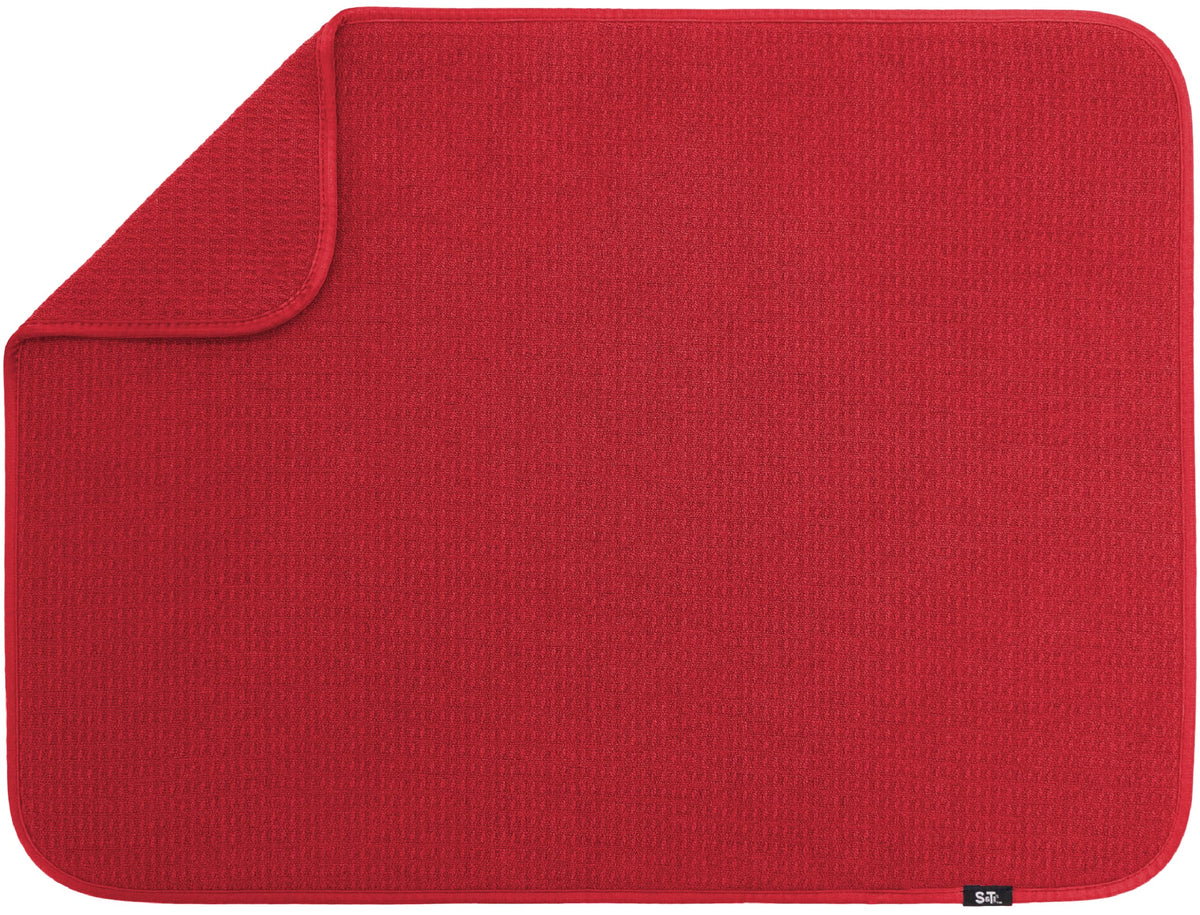 S&T INC. Dish Drying Mat XL in red on a countertop, preventing water puddles