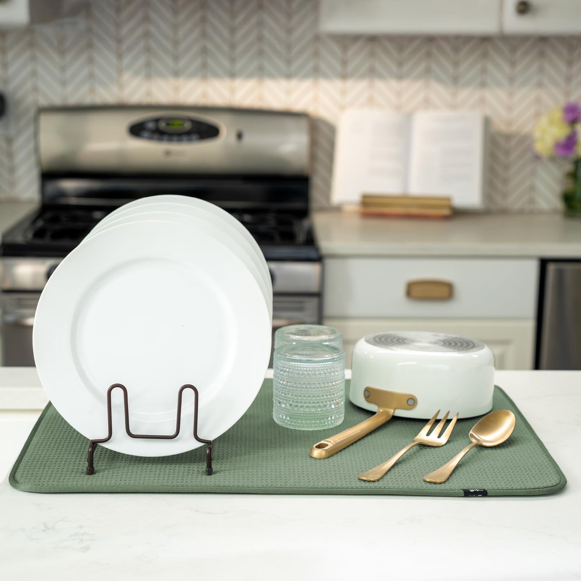Sandt Inc Dish Drying Mat XL catches drips under a drying rack.