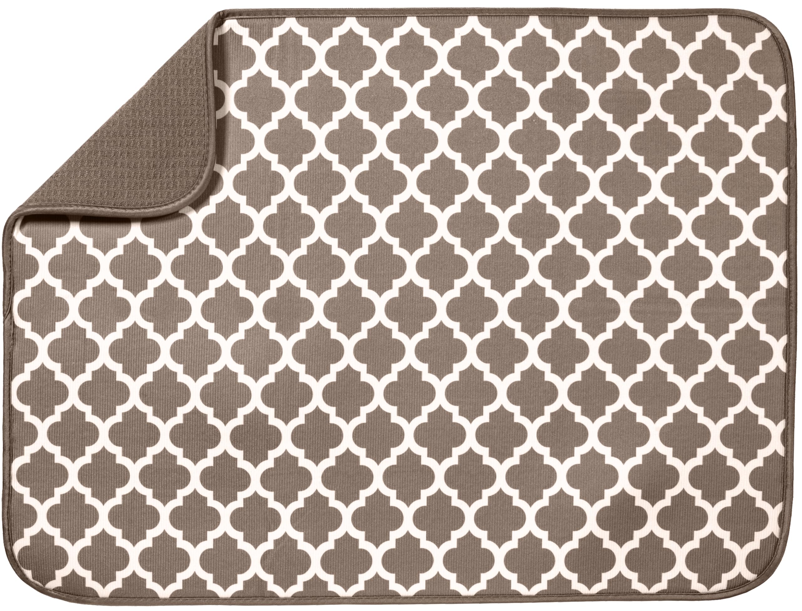 S&T INC. Dish Drying Mat XL in taupe trellis absorbs water quickly for a busy kitchen.