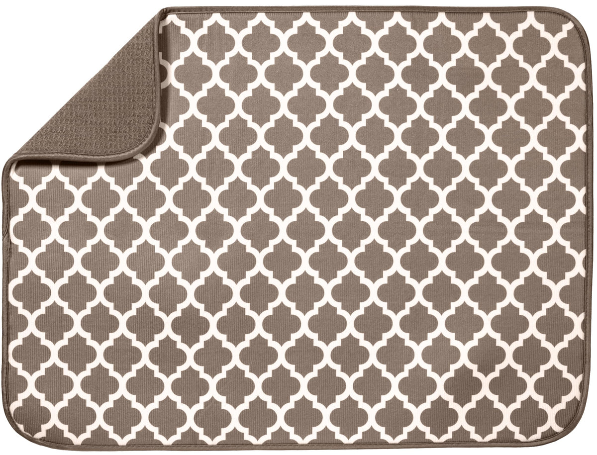 S&T INC. Dish Drying Mat XL in taupe trellis absorbs water quickly for a busy kitchen.