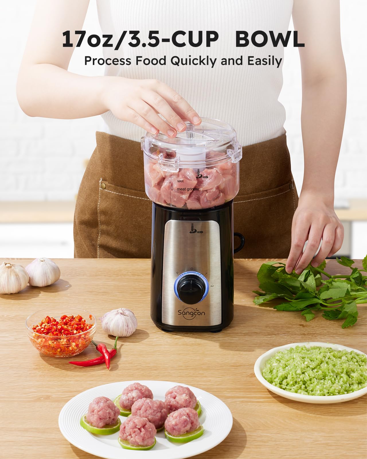 Sangcon 17oz chopper ground meat bowl for quick mincing.