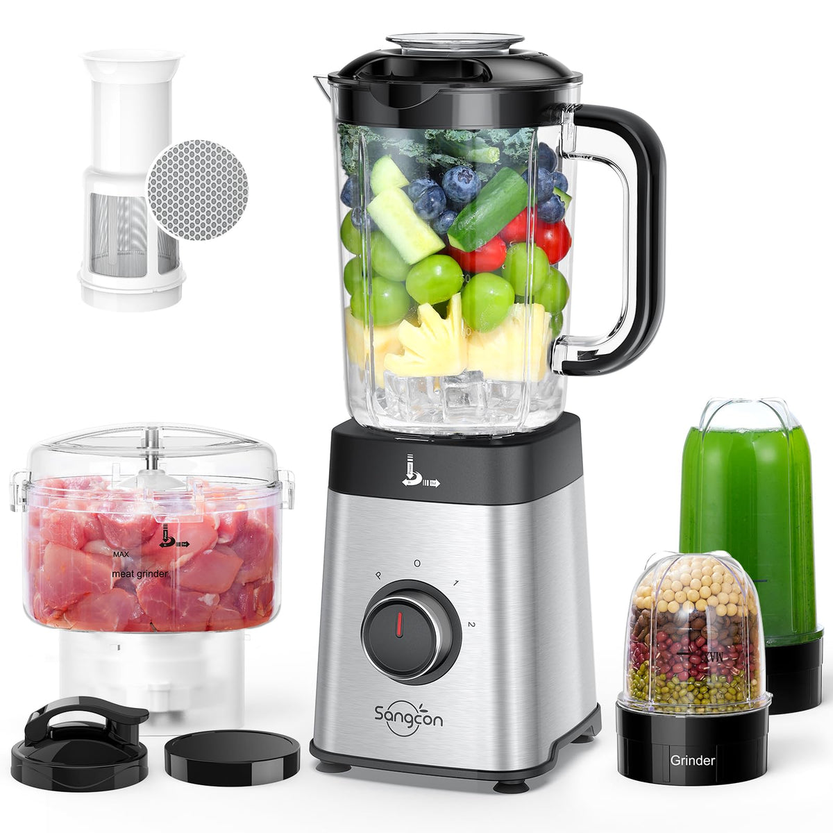 Sangcon 5-in-1 blender with four containers and three blades for versatile blending.