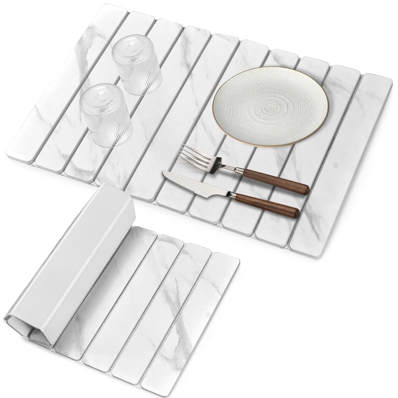 Sangukiro stone drying mat with marble pattern on kitchen counter