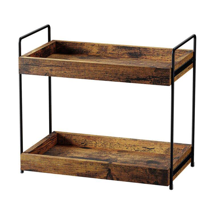 SANRETAHO 2-Tier bathroom organizer on wood countertop showing tidy bottles and jars.