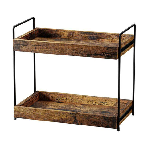 SANRETAHO 2-Tier bathroom organizer on wood countertop showing tidy bottles and jars.