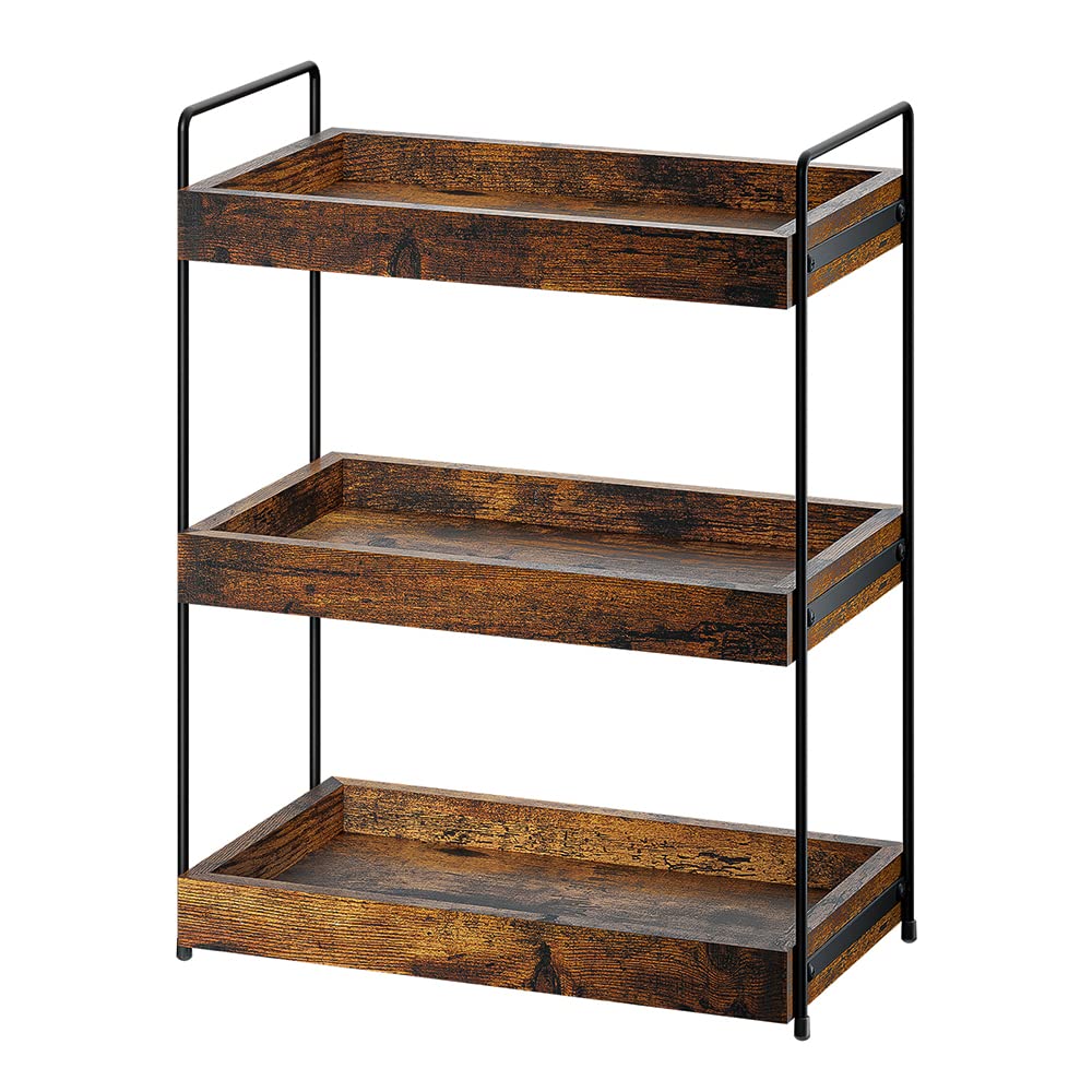 SANRETAHO bathroom counter organizer with 3-tier wooden shelves keeps cosmetics neatly arranged.