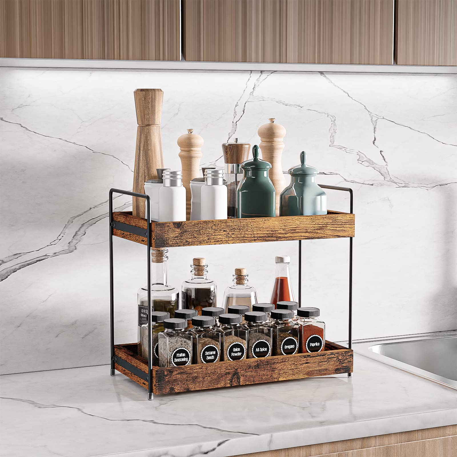 SANRETAHO kitchen counter spice rack organized with spice jars.