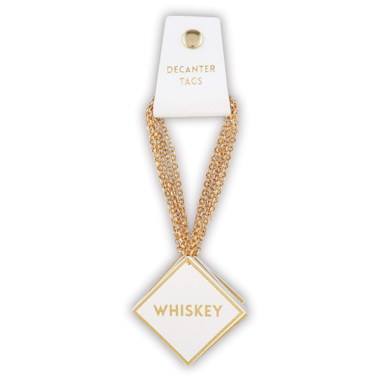 Santa Barbara Design Studio leather decanter tags on a bar cart for organized entertaining.