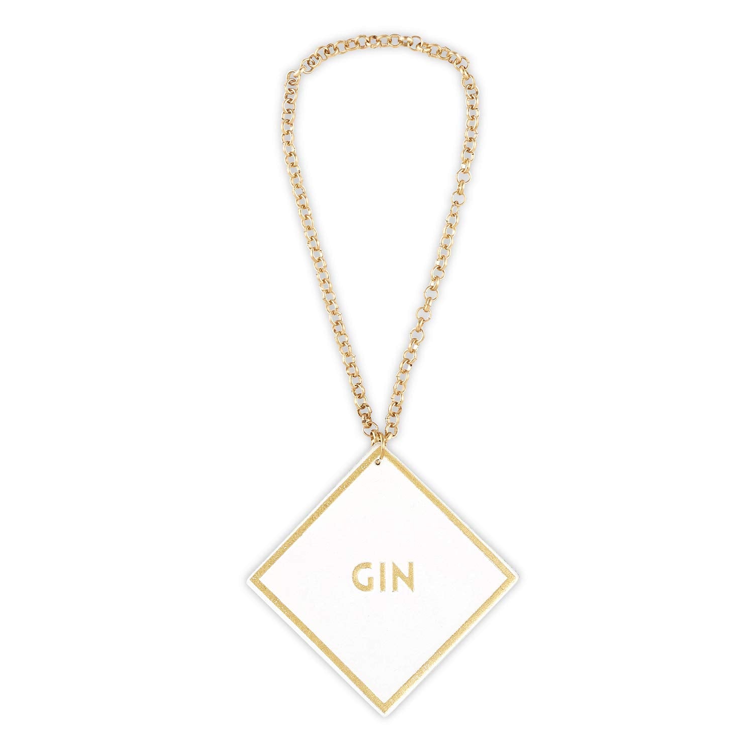 Close-up of the white leather tag with gold foil detailing.