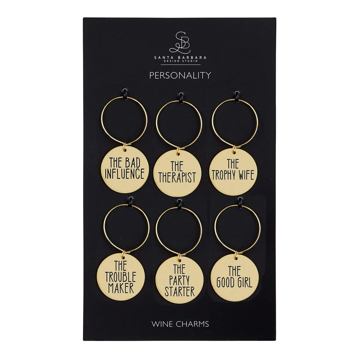 Santa Barbara Design Studio zinc wine charms on a glass for easy identification and conversation.