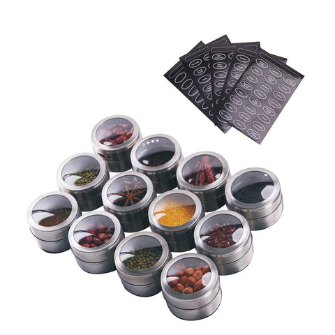 Sanvcomy twelve magnetic spice tins set on fridge keeps spices organized.