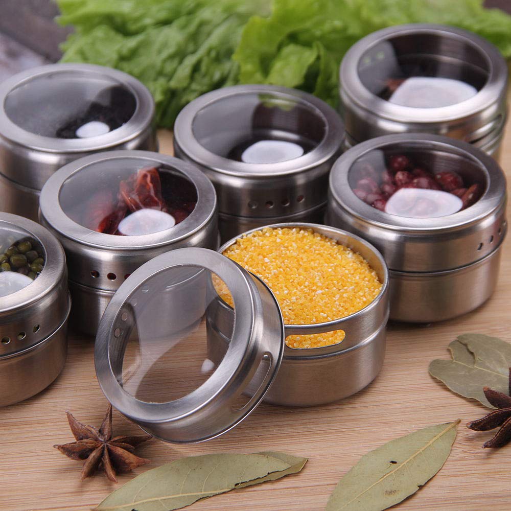 Sanvcomy magnetic bottom jars cling to metal surfaces for space saving.