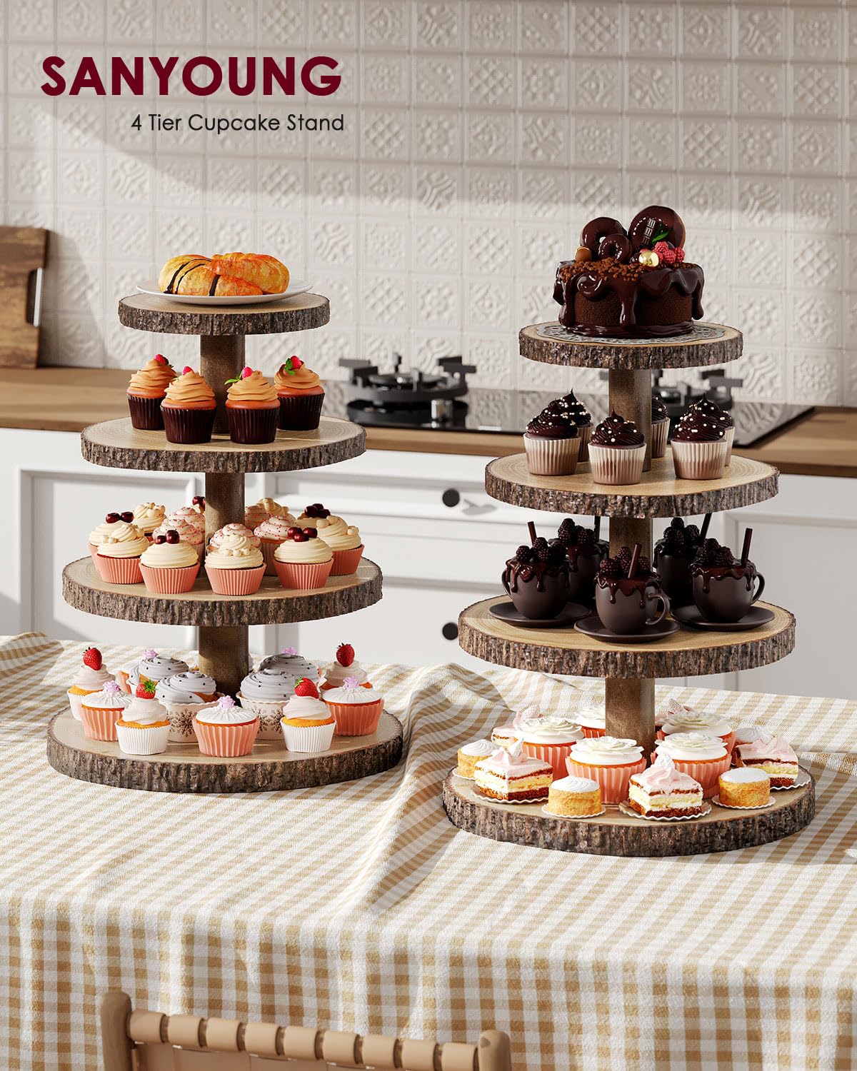 SANYOUNG 4-tier cupcake display showing 24 cupcakes in a wedding setting.