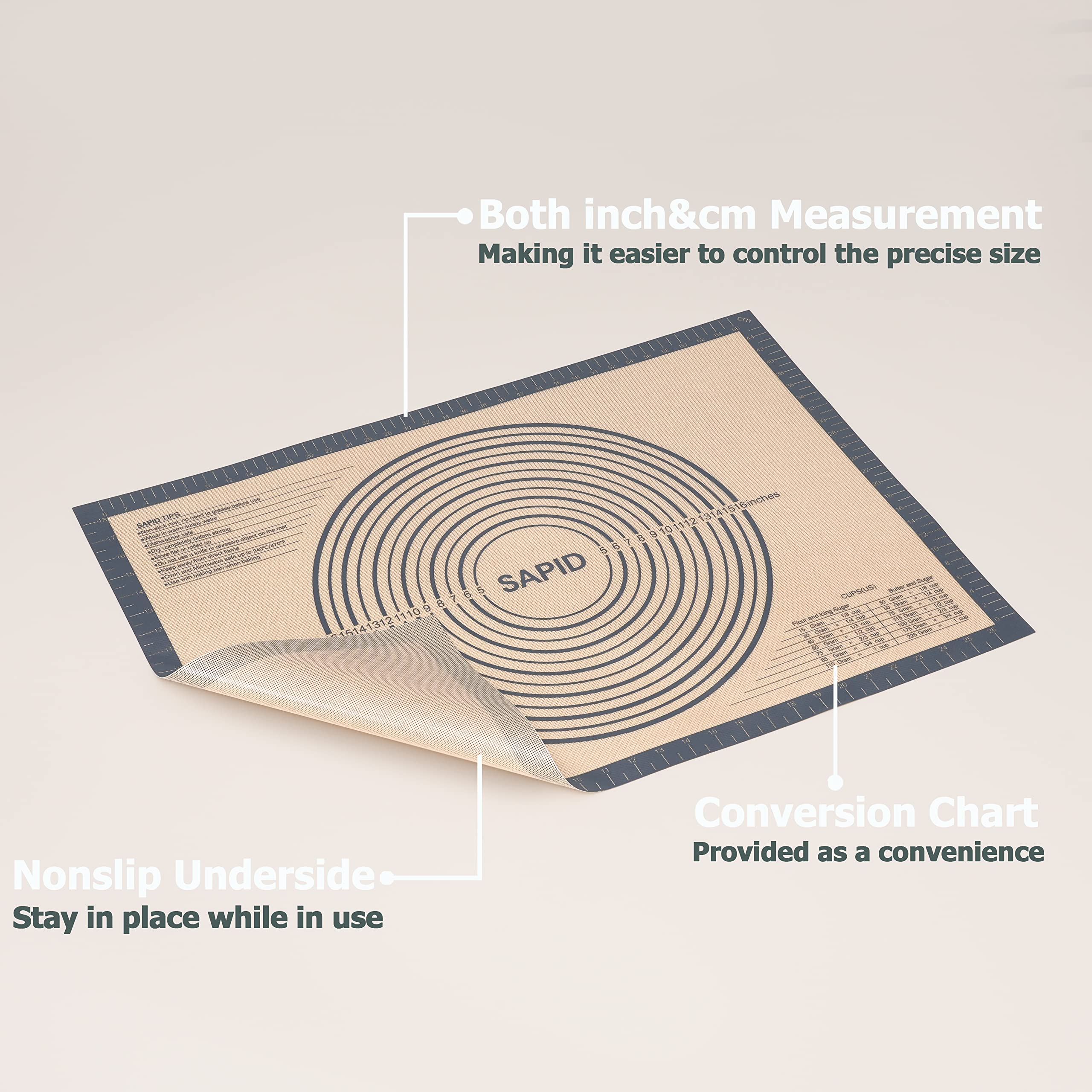 Sapid kneading mat features anti-slip bottom for secure countertop use.