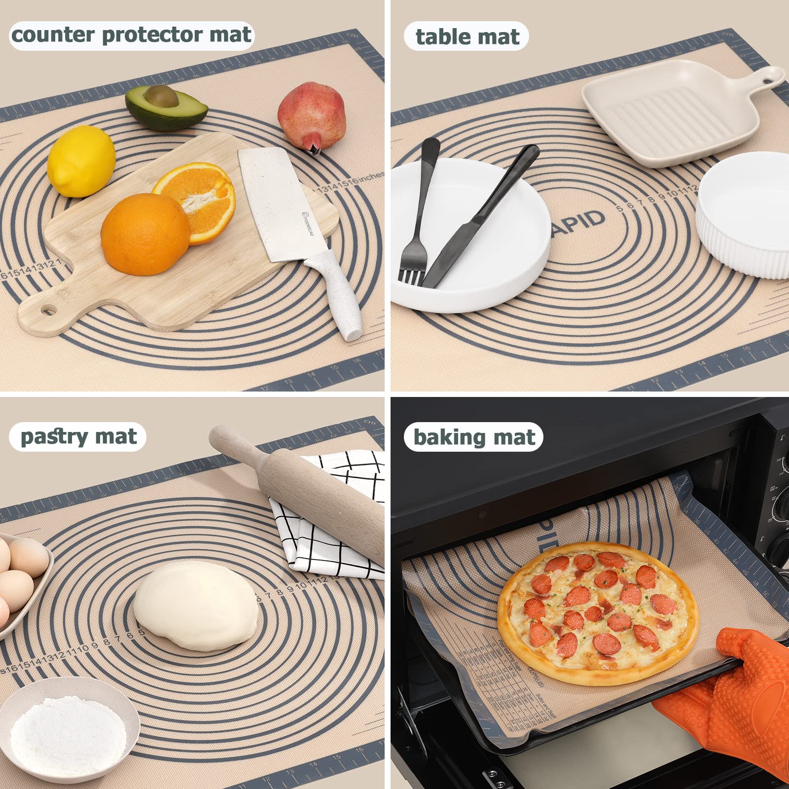 Sapid pastry mat doubles as durable countertop protector.