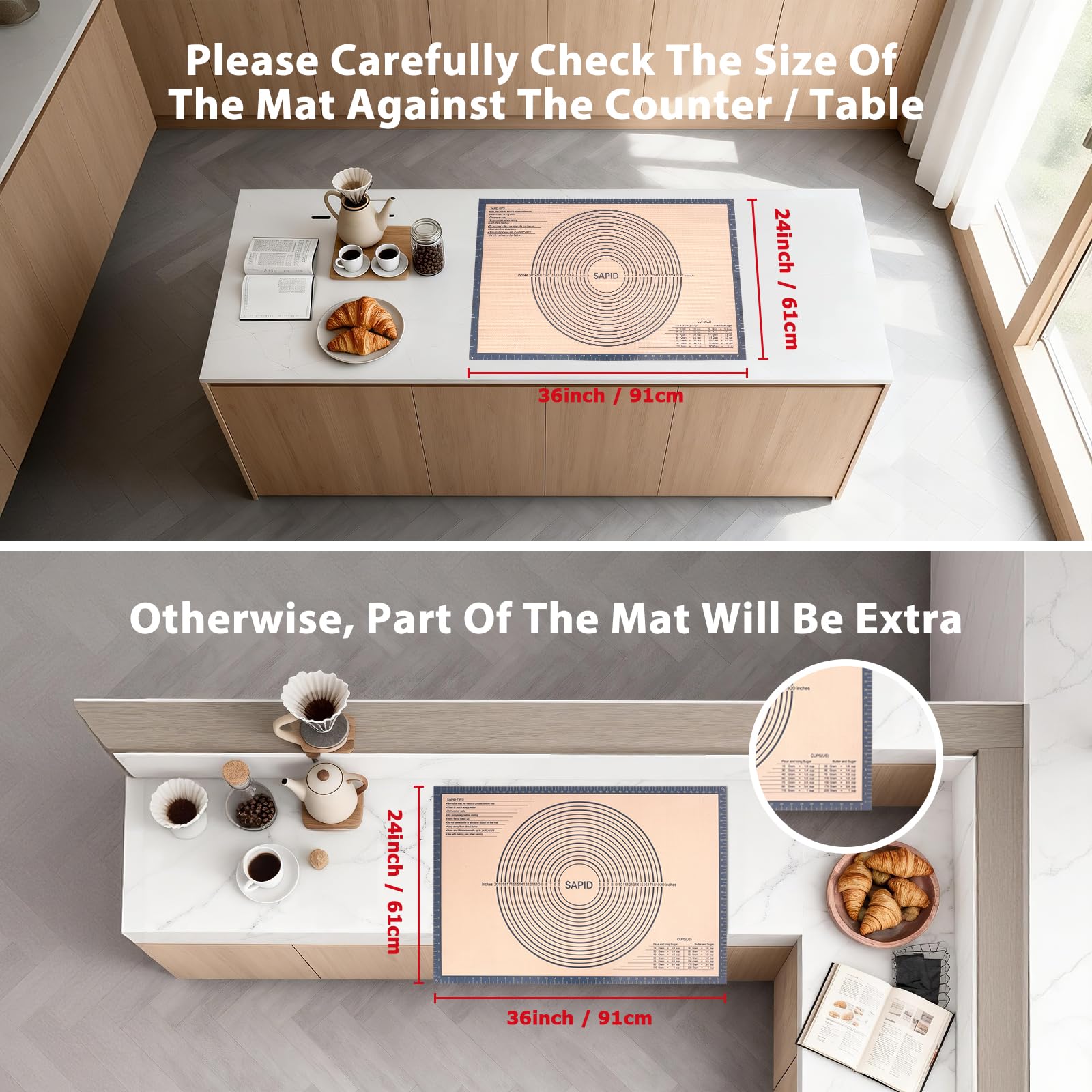 Sapid pastry mat shows inches and centimeters for precise sizing.