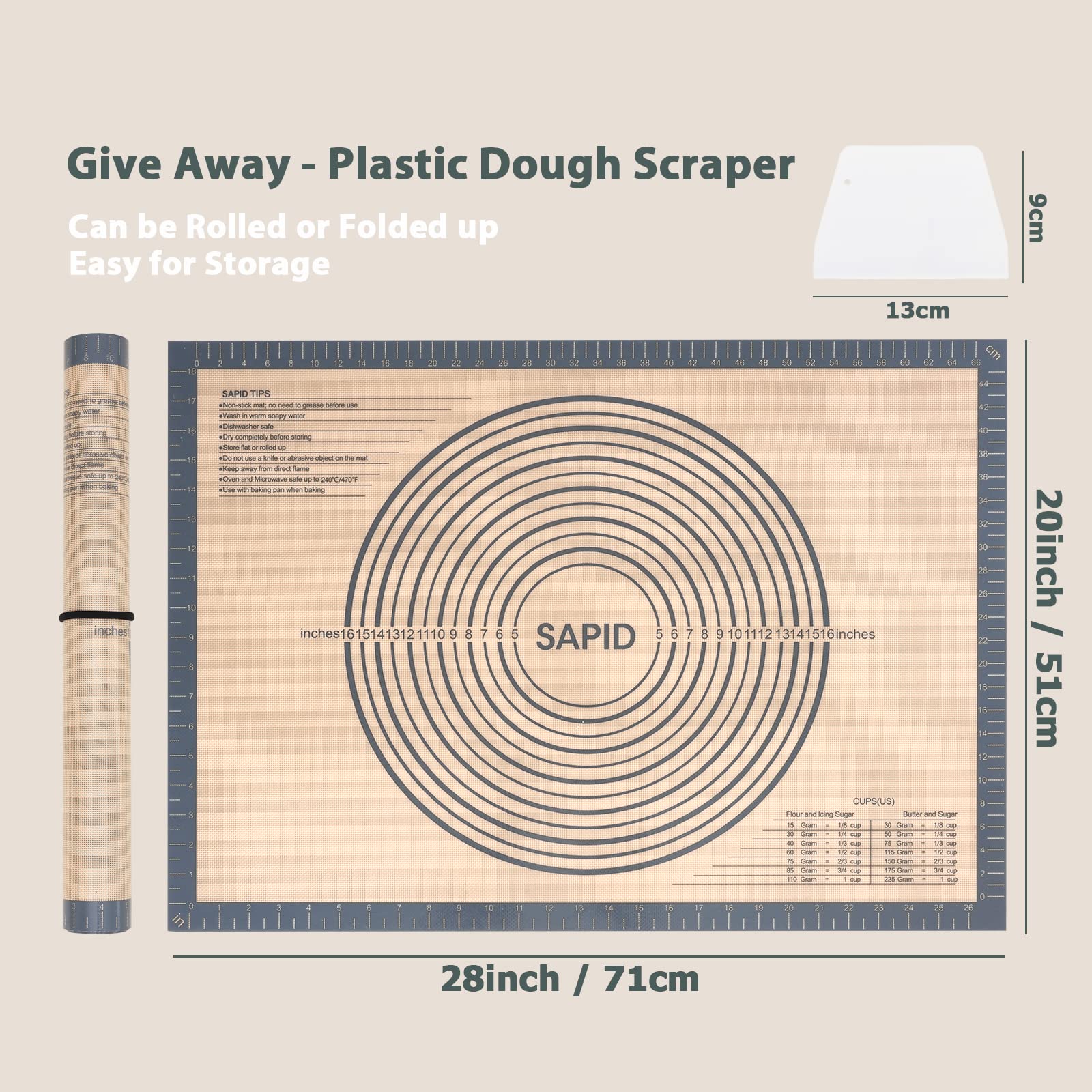 Sapid silicone baking mat with nonstick surface reduces sticking during dough work.