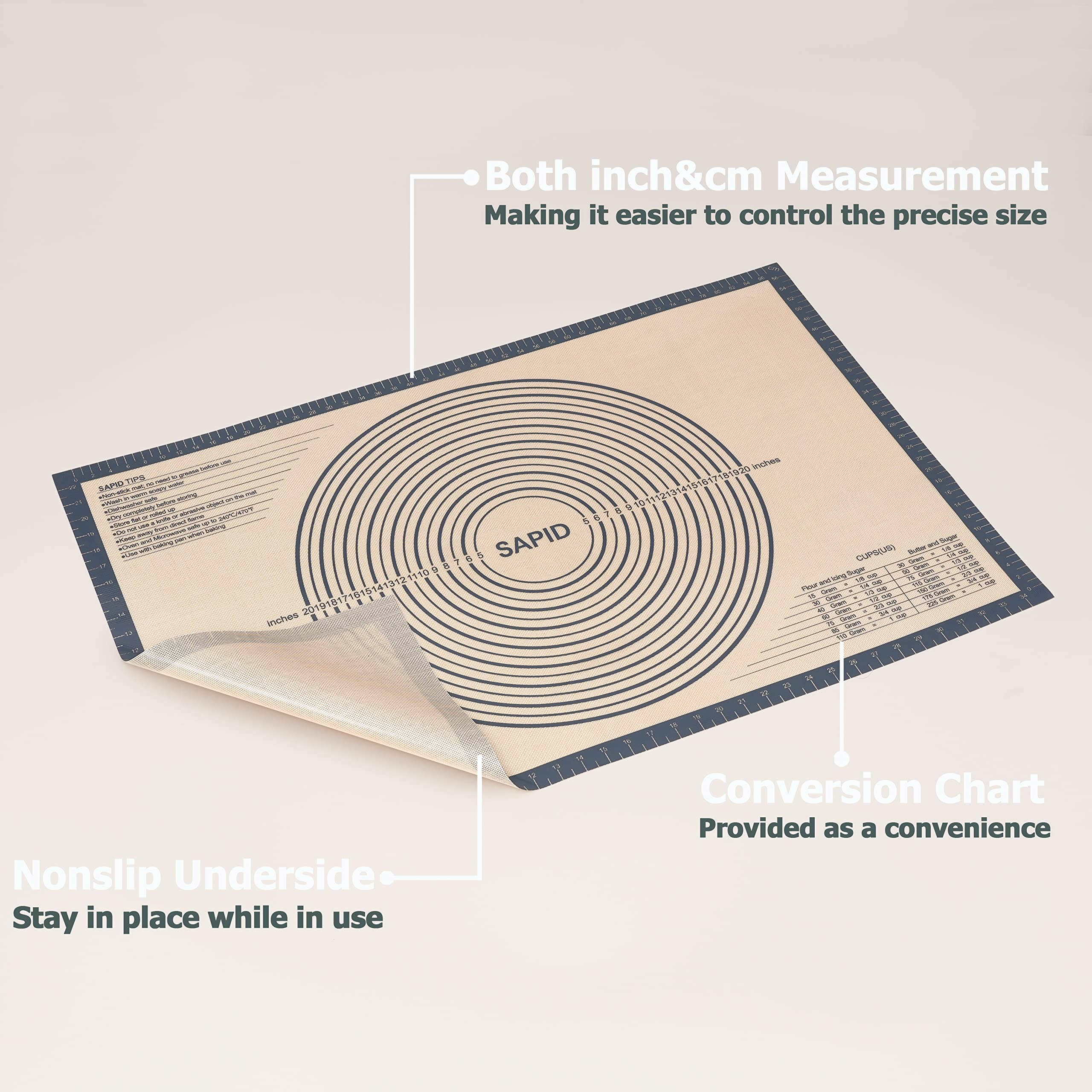 Sapid silicone kneading mat with anti-slip bottom stays secure on counter.