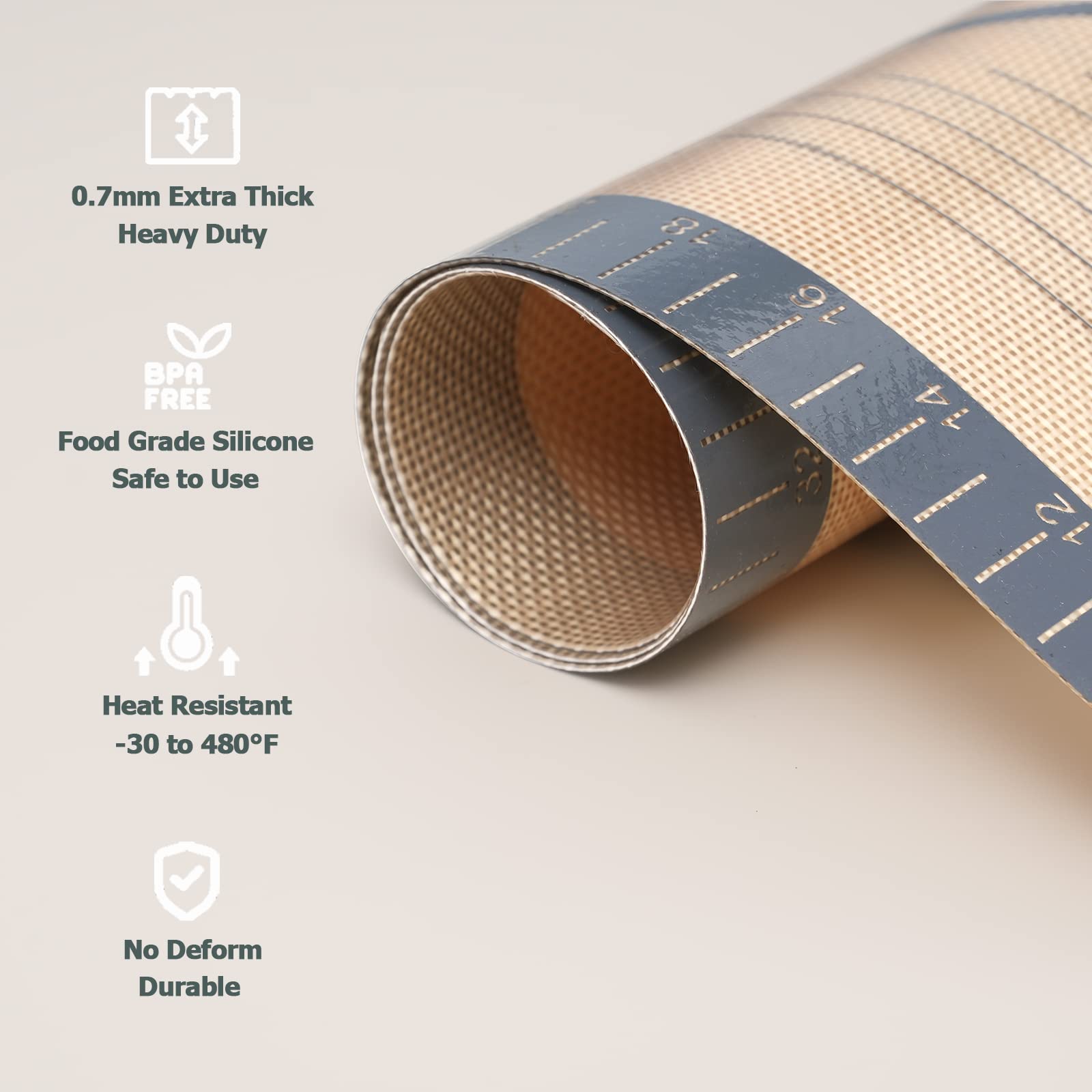 Sapid silicone mat tolerates heat from -30 to 480 °F for versatile use.