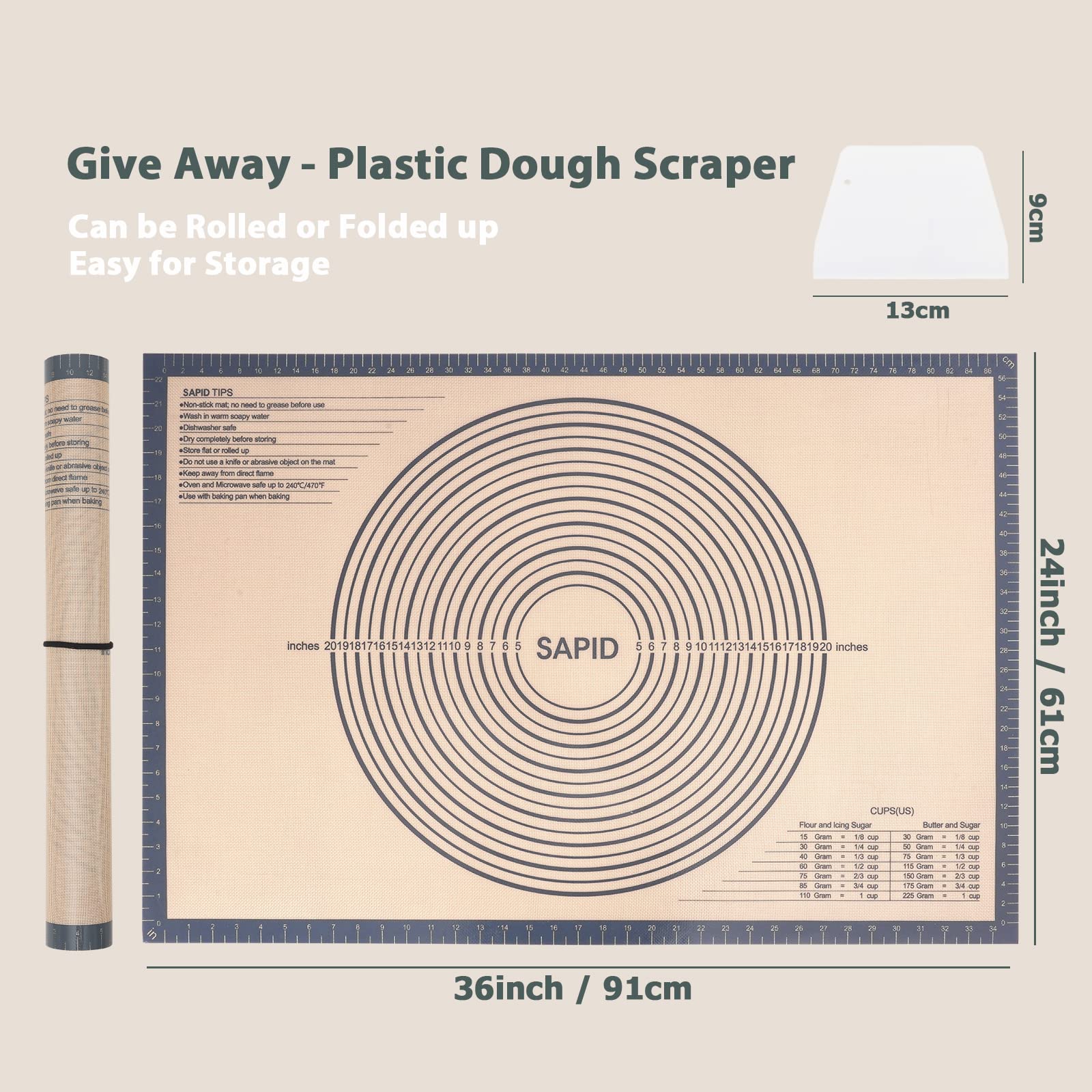 Sapid silicone pastry mat with nonstick surface aids smooth dough rolling.
