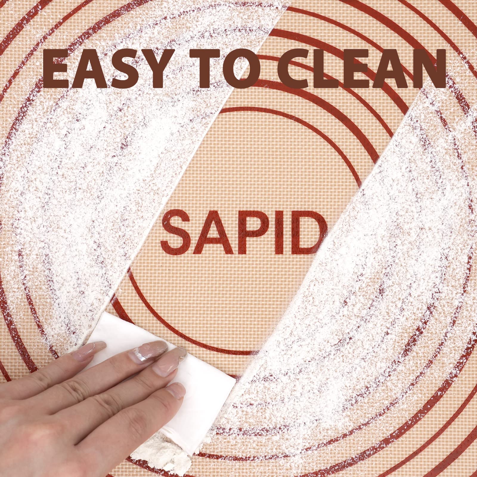 Sapid pastry mat includes a hair tie for compact storage