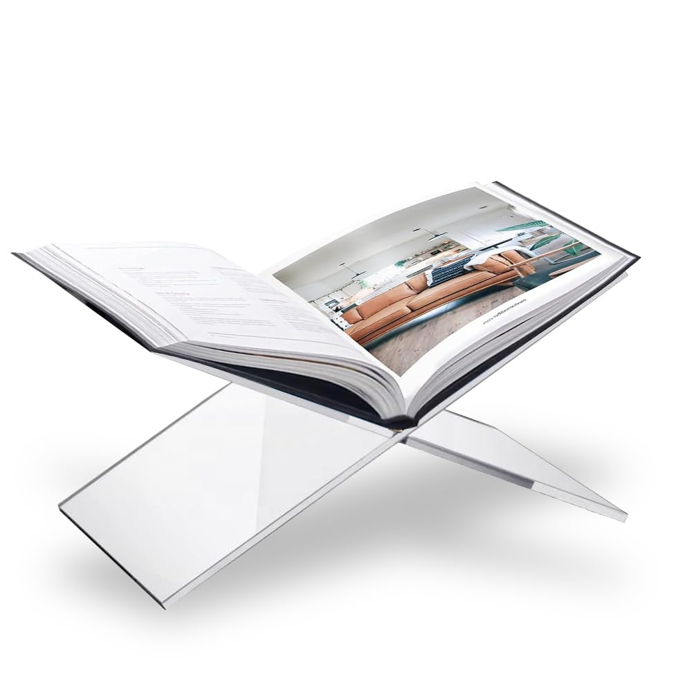 Sarvo Kitchen SK Acrylic Book Stand Large front view showing an elegant cookbook display on a coffee table
