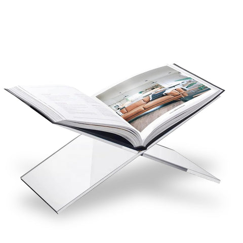 Sarvo Kitchen SK Acrylic Book Stand Large front view showing an elegant cookbook display on a coffee table