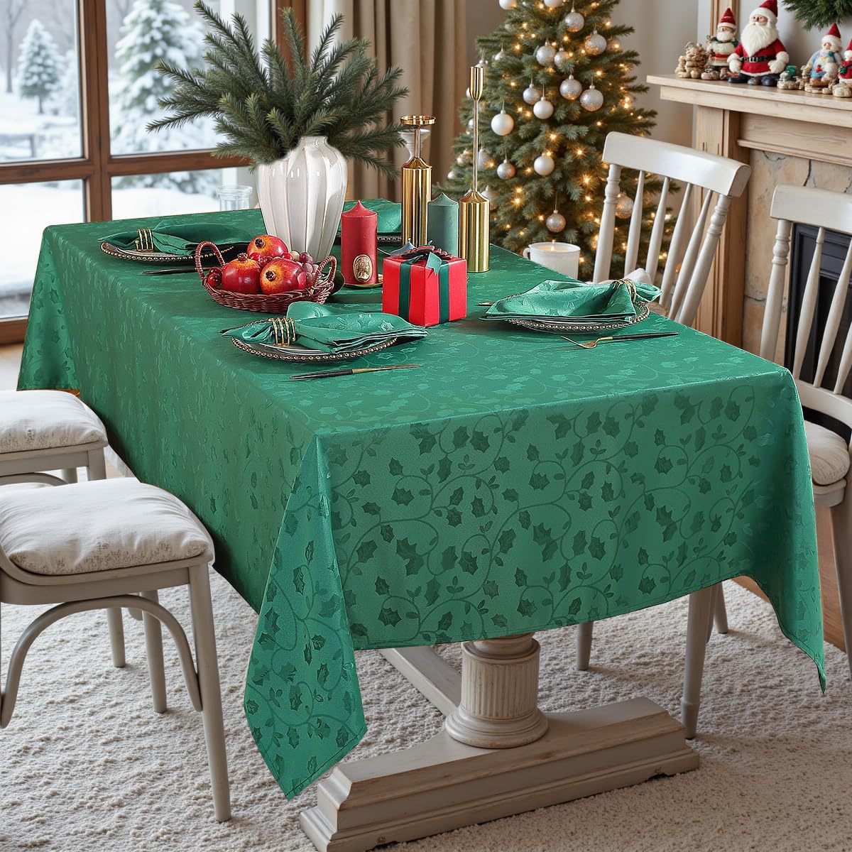 SASTYBALE tablecloth close-up shows jacquard weave and holly pattern for refined holiday ambiance.