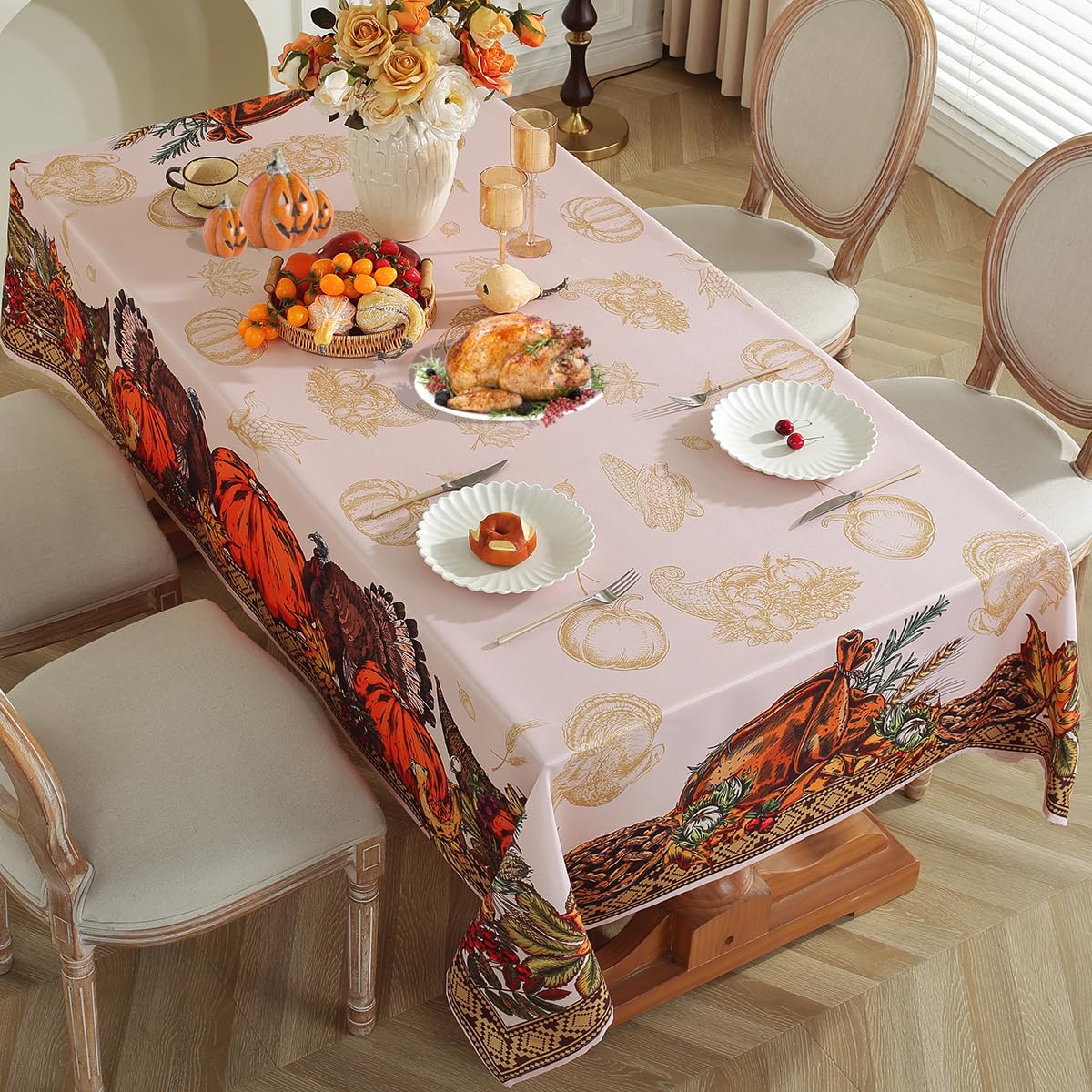 SASTYBALE farmhouse-beige tablecloth enhances harvest decor.