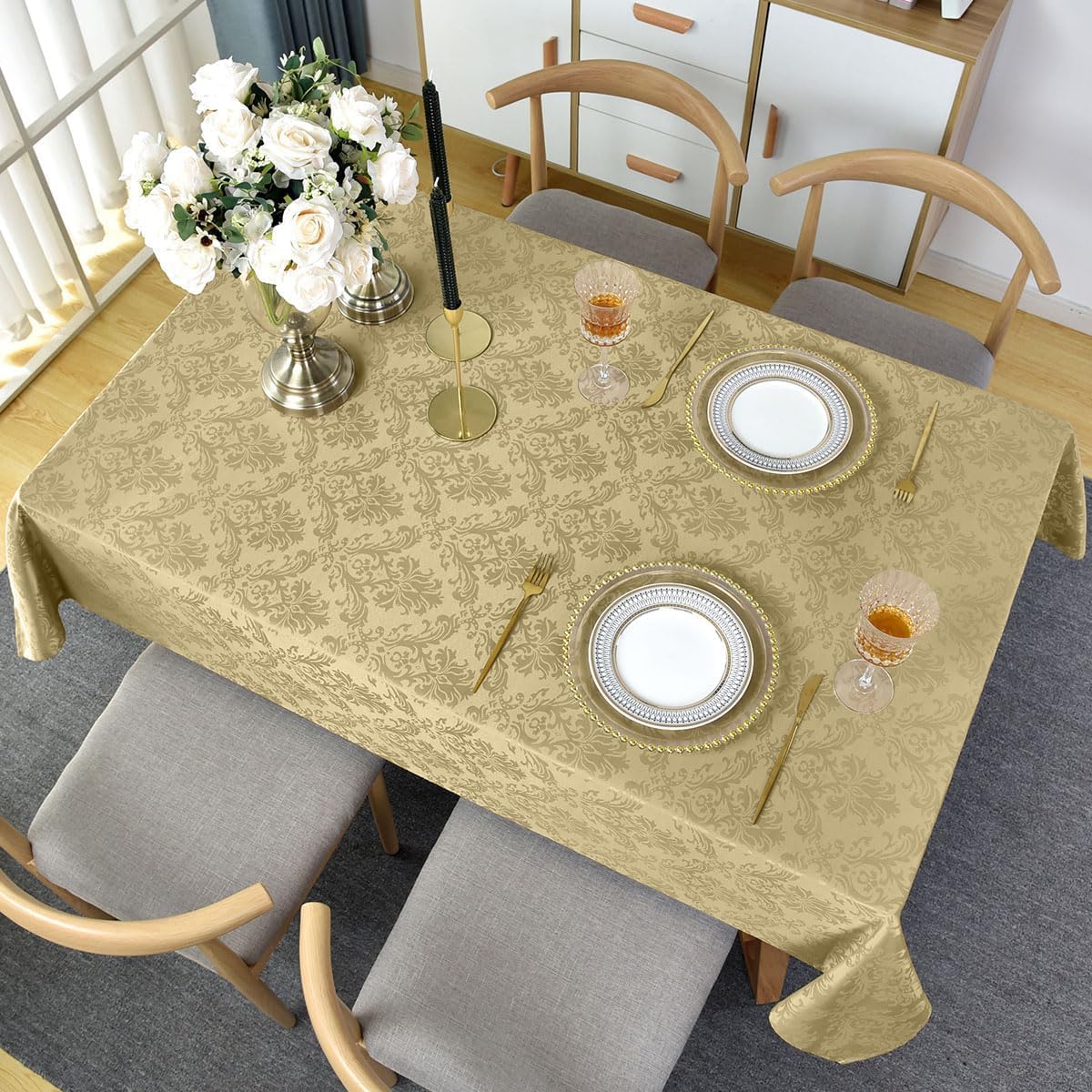 SASTYBALE gold tablecloth in kitchen dining setting