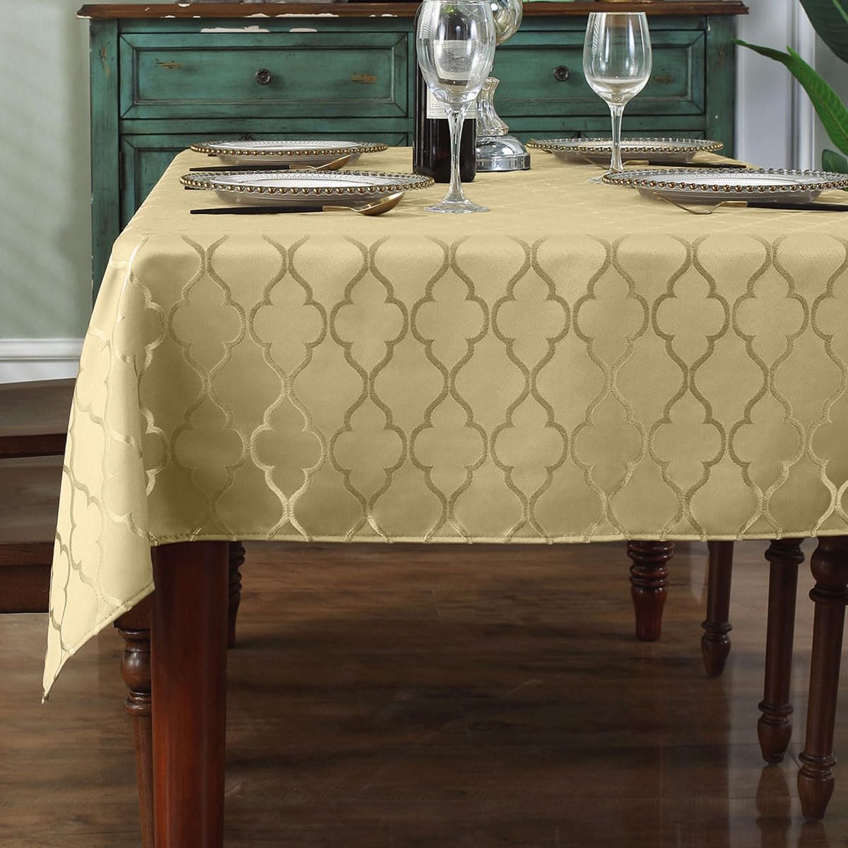 SASTYBALE jacquard Christmas tablecloth in gold, 52x70, front view, ideal for holiday dining.