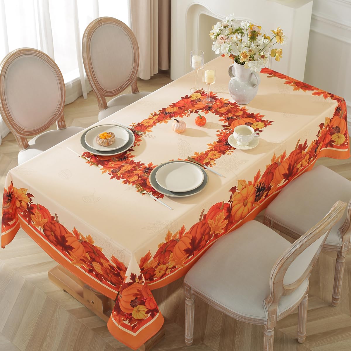 SASTYBALE pumpkin leaf pattern with orange border enhances fall tablescape.