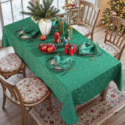 SASTYBALE spill-proof Christmas tablecloth on a dining setup demonstrates stain resistance during holiday meals.