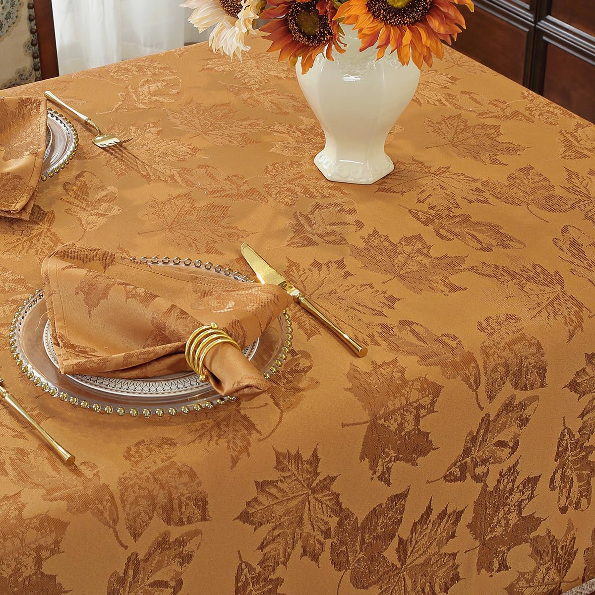 Thanksgiving dinner setup with SASTYBALE fall tablecloth ambiance