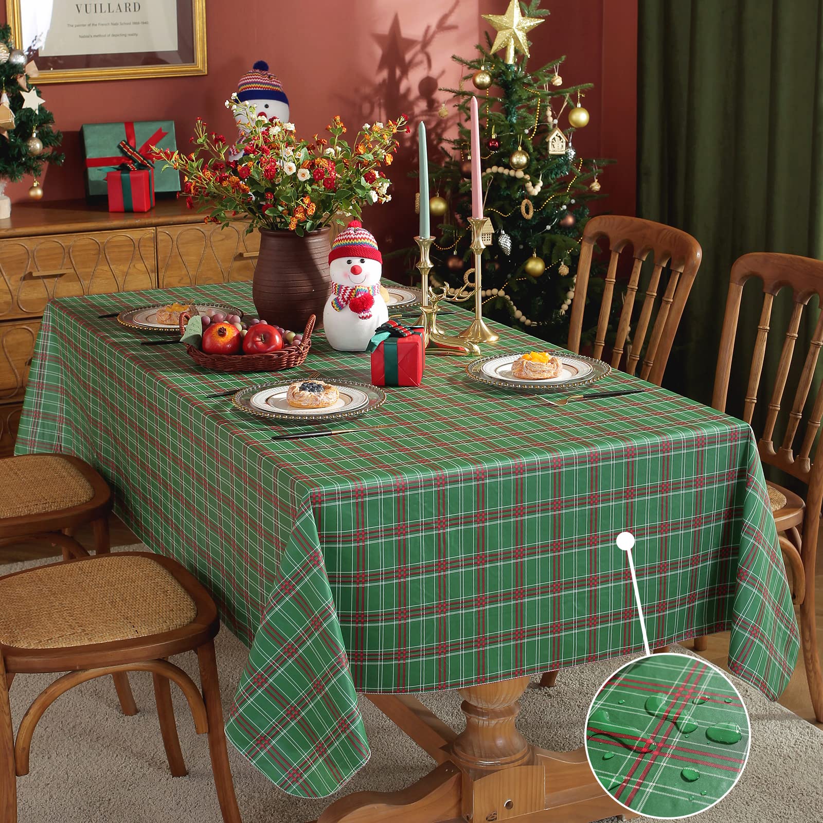 SASTYBALE vinyl tablecloth with flannel backing protects tabletops during gatherings.