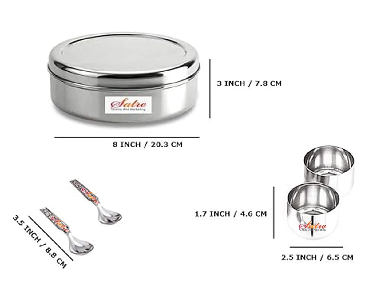 Satre stainless steel masala box close-up focusing on durable, corrosion-resistant construction.