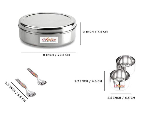 Satre stainless steel masala box close-up focusing on durable, corrosion-resistant construction.