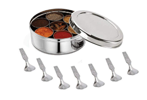 Satre stainless steel spice box without lid with seven containers for organized storage.