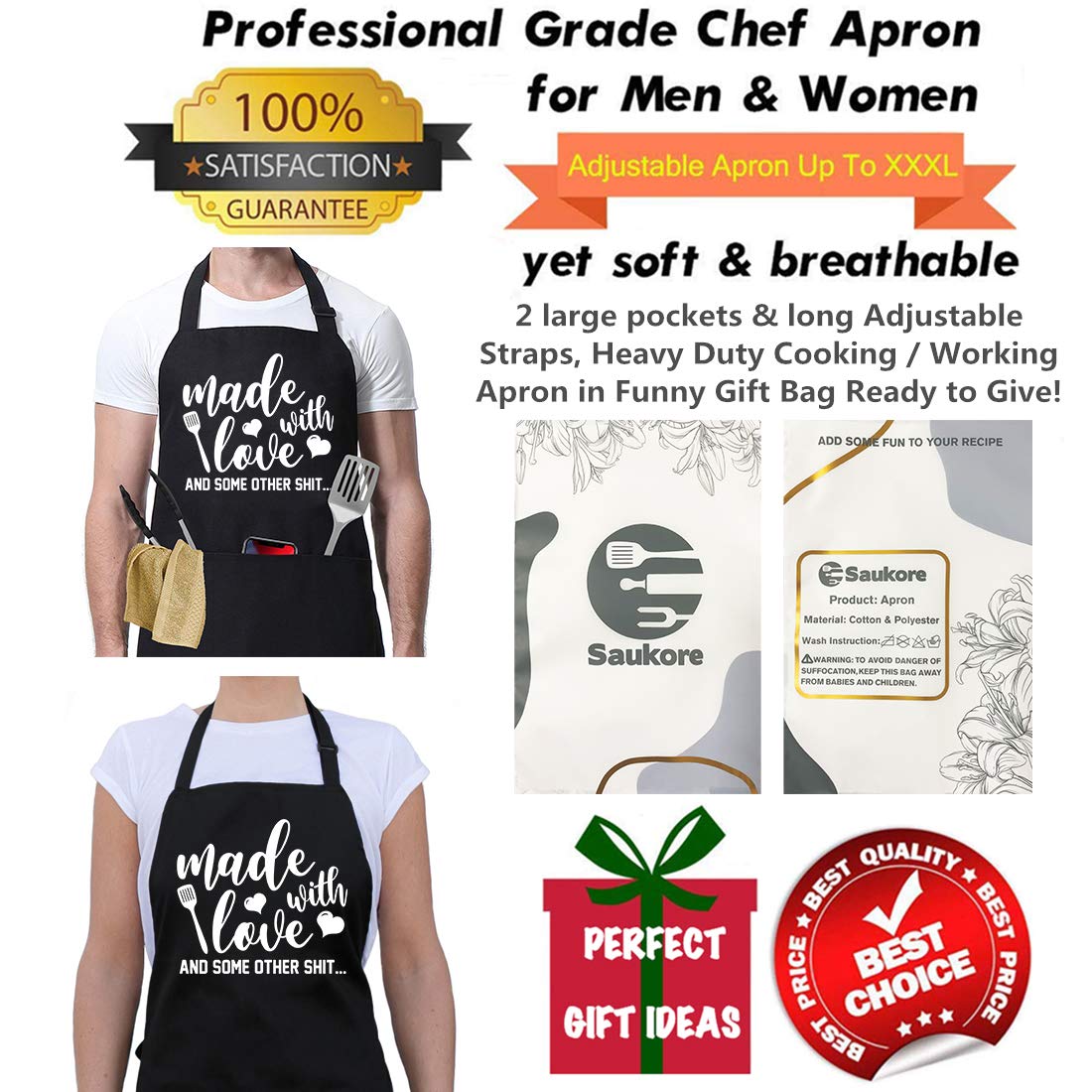 Saukore durable, machine-washable apron designed for long-lasting use.