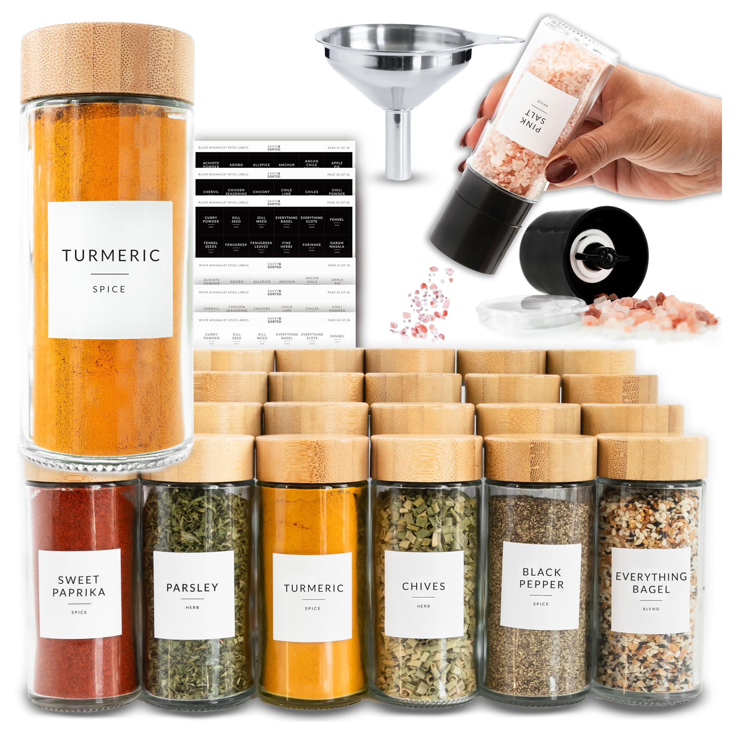 Savvy & Sorted glass spice jars with bamboo lids arranged in a drawer for easy access.