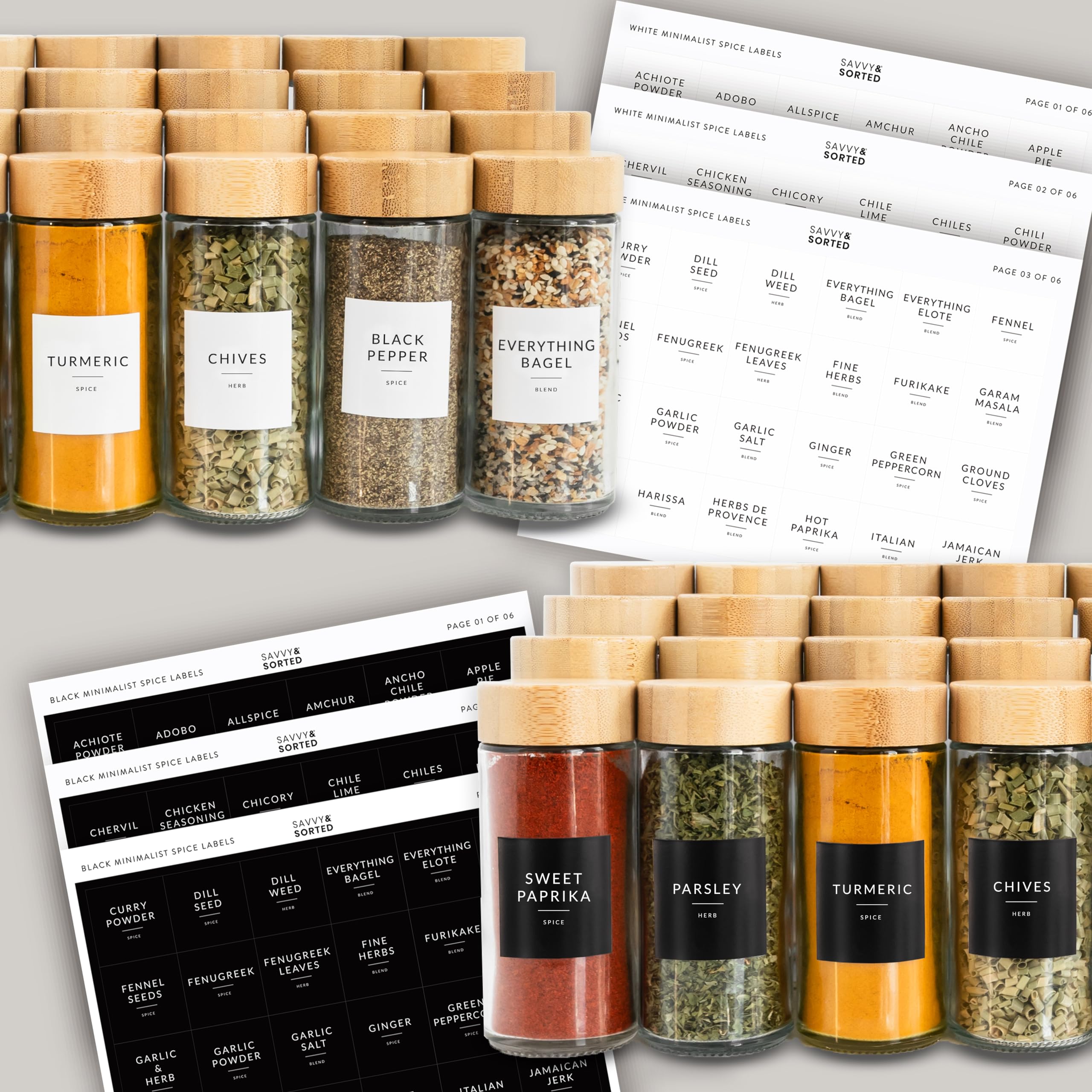 Savvy & Sorted shaker lids on jars for versatile pouring and storage.