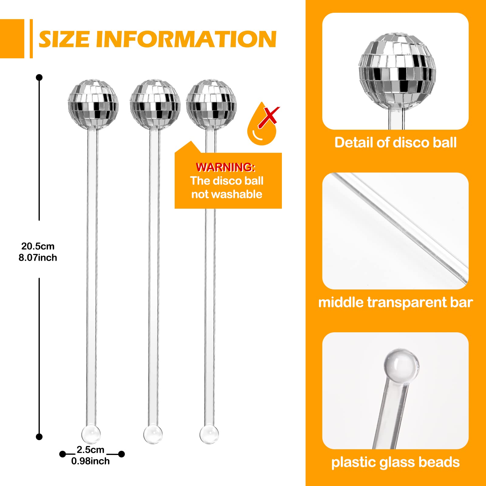 8-inch Sawysine disco ball stirrers for party-ready beverages and decor.