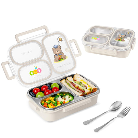 SAYAPE kid Bento lunch box with beige exterior and secure lid keeps meals organized.