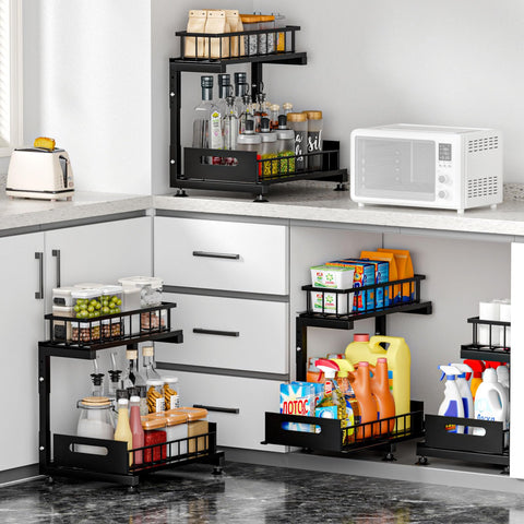 Saydear adjustable-height under-sink rack fits pipes while maximizing space.