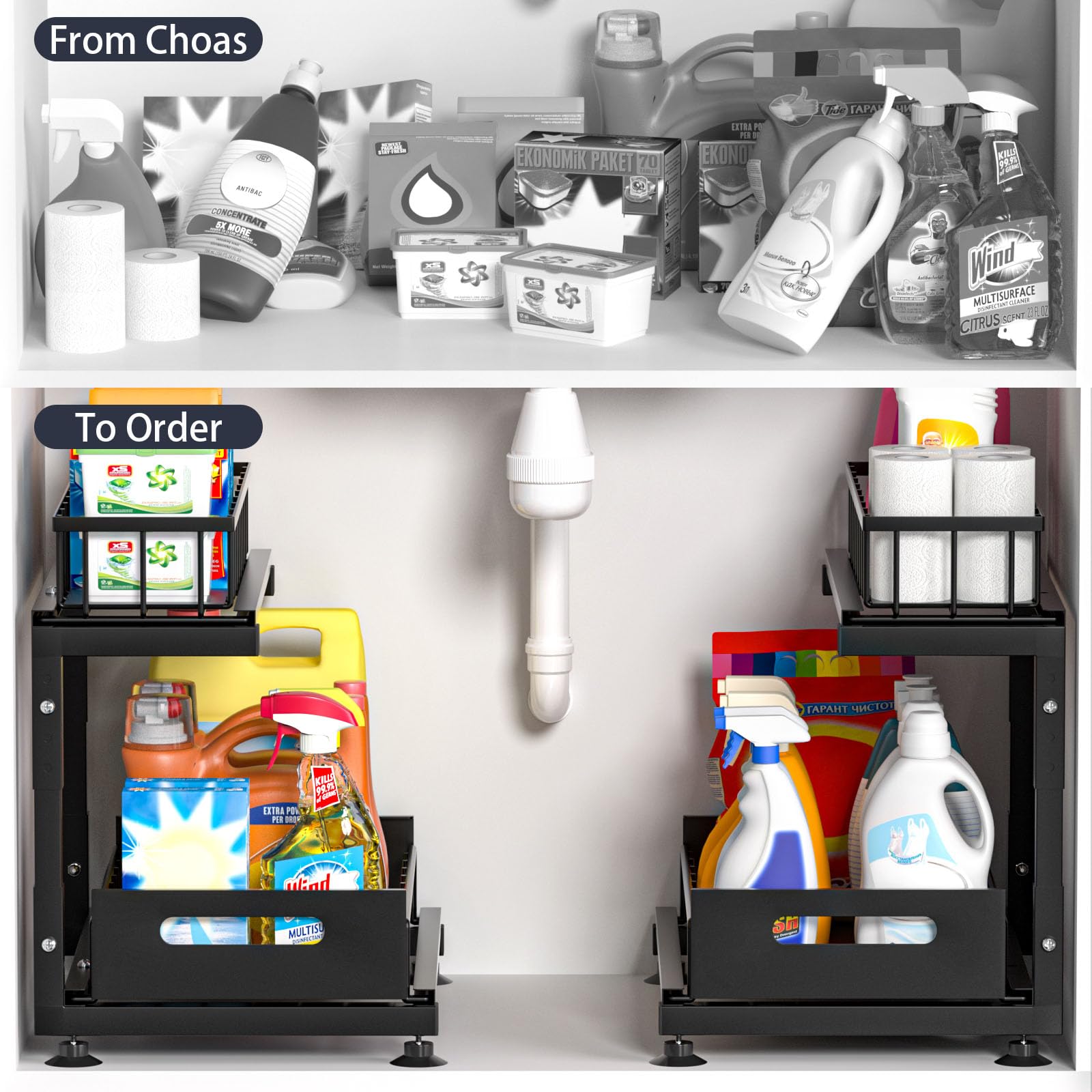 Saydear heavy-duty sliding bin system keeps cleaning supplies neatly arranged.