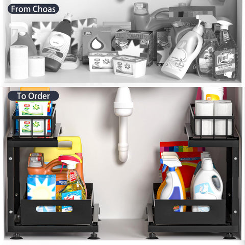 Saydear heavy-duty sliding bin system keeps cleaning supplies neatly arranged.